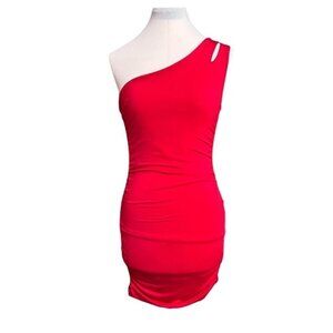Treebarn Red One-Shoulder Ruched Bodycon Mini Dress XS Stretch Knit Sexy Party